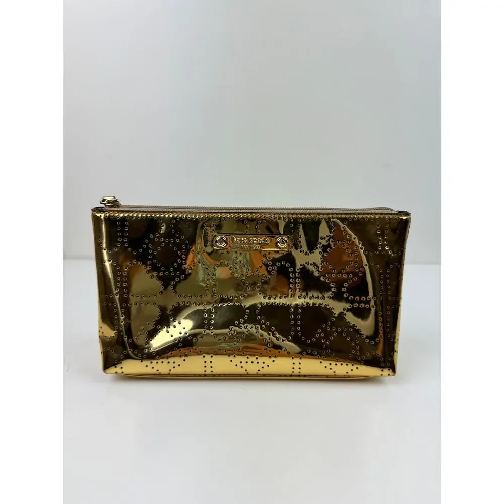 KATE SPADE Metro Gold Metallic Perforated Cosmetic Bag Shiny Heart Zip Pouch